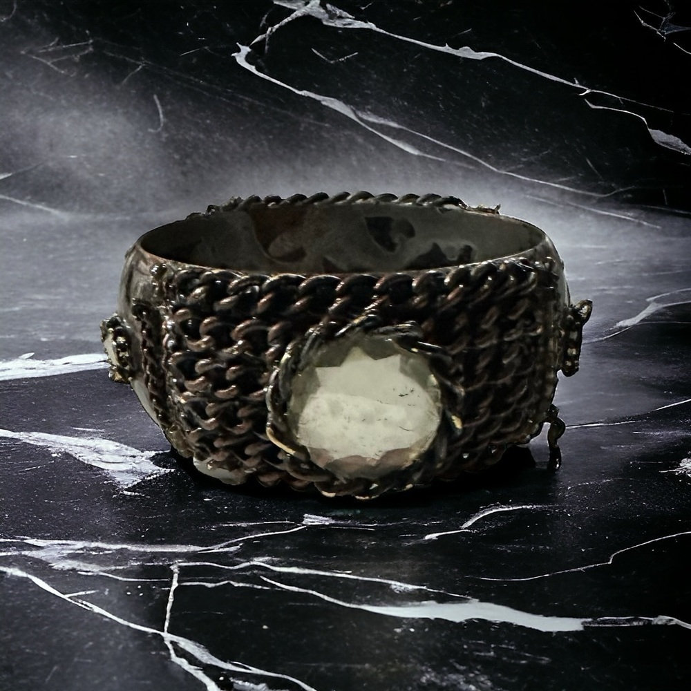 Bronze Tone Steampunk Twisted Chains Large Faceted Rhinestones Cuff Bracelet 8”